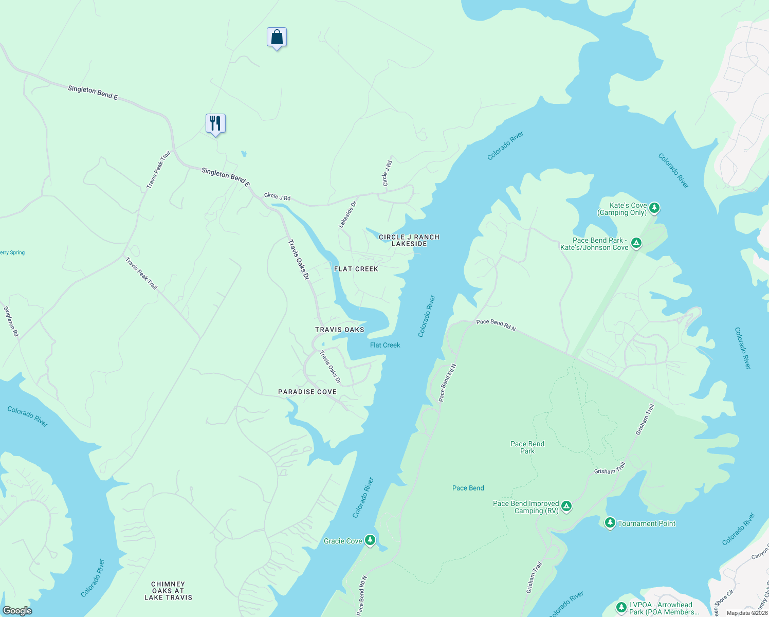 map of restaurants, bars, coffee shops, grocery stores, and more near 23535 Lakeside Drive in Marble Falls