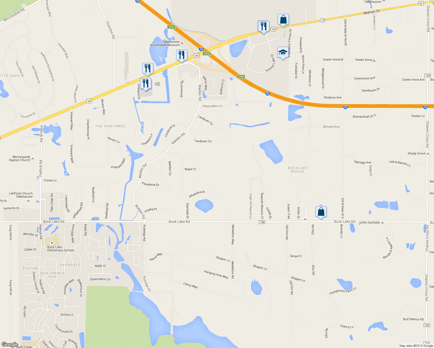 map of restaurants, bars, coffee shops, grocery stores, and more near 7202 Buck Lake Road in Tallahassee