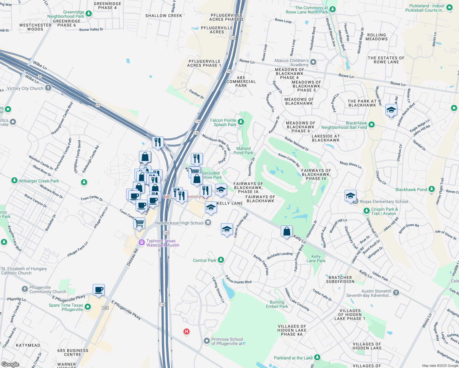 map of restaurants, bars, coffee shops, grocery stores, and more near 2207 Hanging Rock Dr in Pflugerville