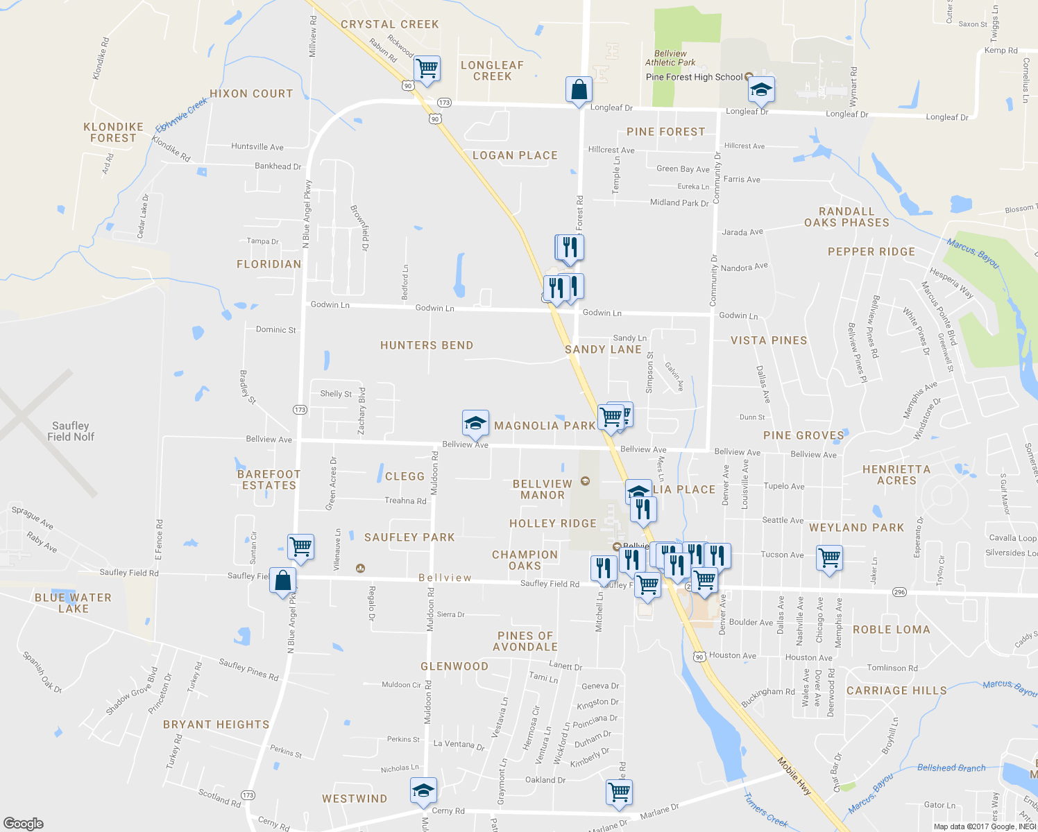map of restaurants, bars, coffee shops, grocery stores, and more near 4690 Petra Circle in Pensacola