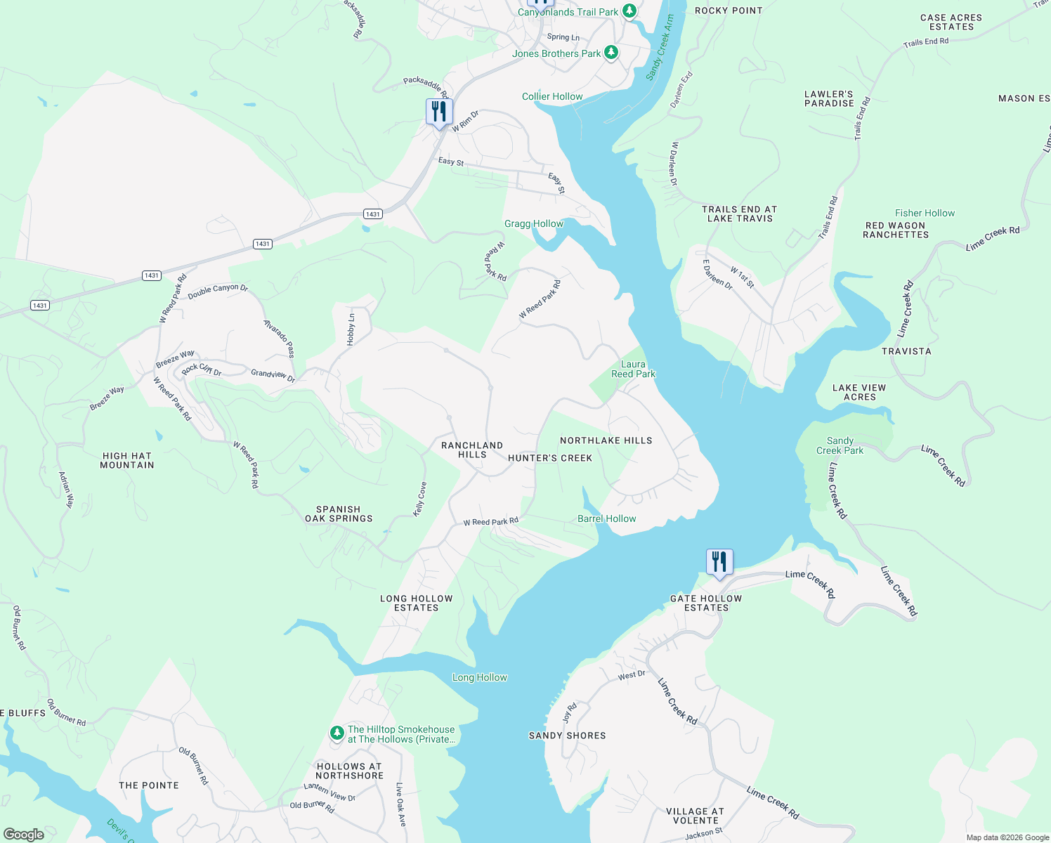 map of restaurants, bars, coffee shops, grocery stores, and more near 17652 West Reed Park Road in Jonestown