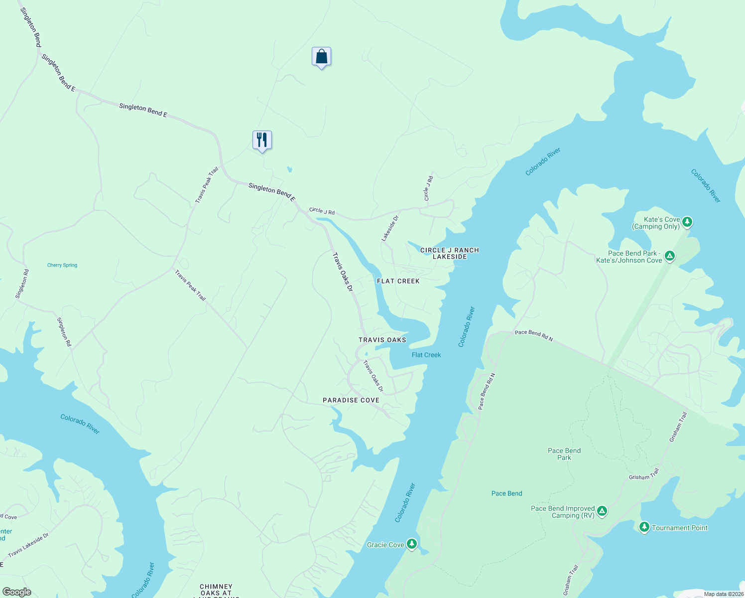 map of restaurants, bars, coffee shops, grocery stores, and more near 23800 Elm Drive in Marble Falls