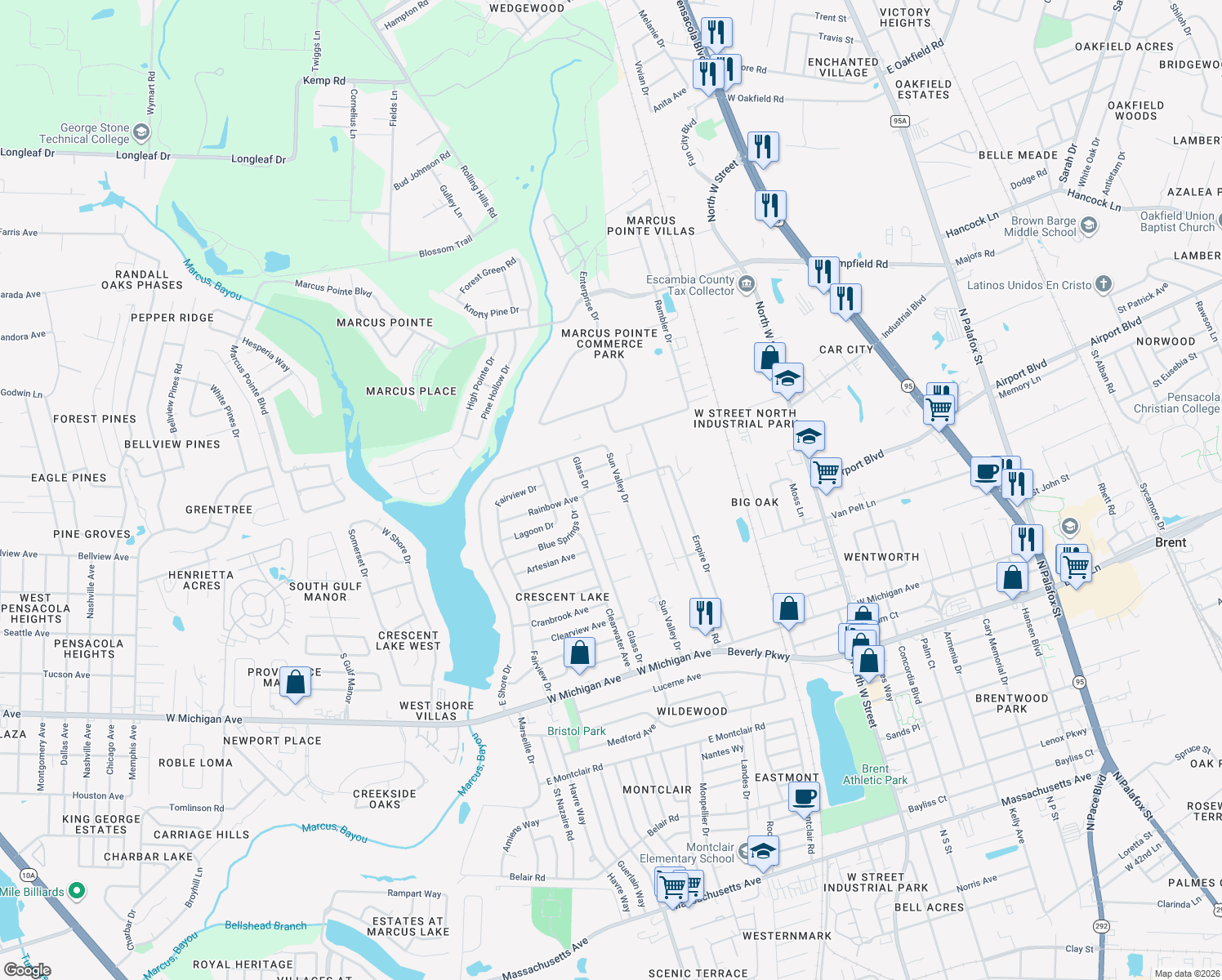 map of restaurants, bars, coffee shops, grocery stores, and more near 6512 Rainbow Avenue in Pensacola