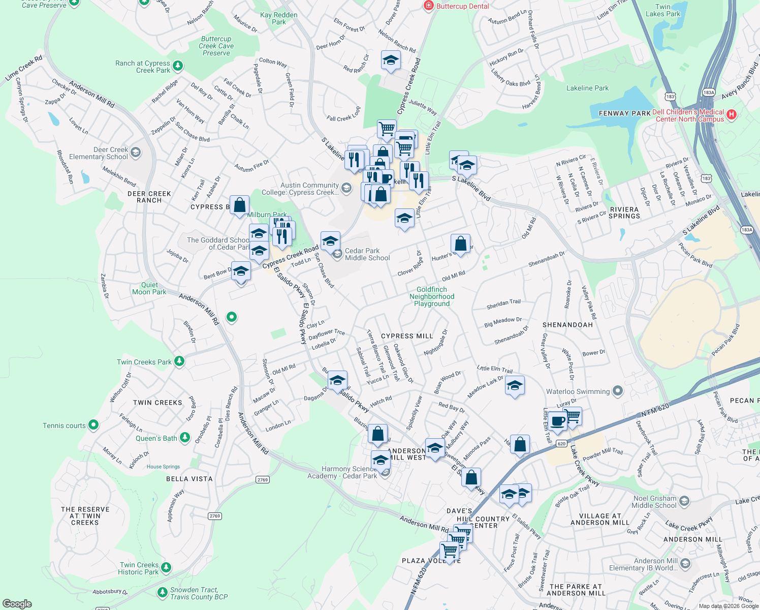 map of restaurants, bars, coffee shops, grocery stores, and more near 1500 Old Mill Rd in Cedar Park