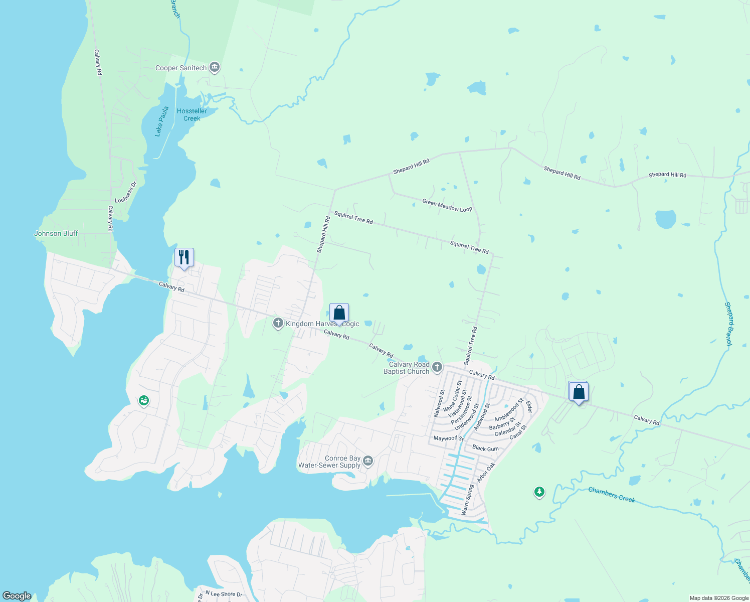 map of restaurants, bars, coffee shops, grocery stores, and more near 12896 Calvary Road in Willis