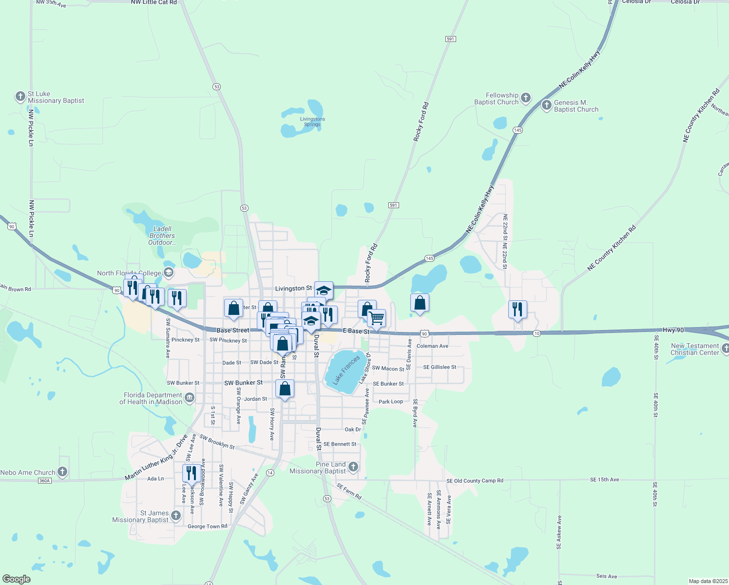 map of restaurants, bars, coffee shops, grocery stores, and more near 624 Northeast Colin Kelly Highway in Madison