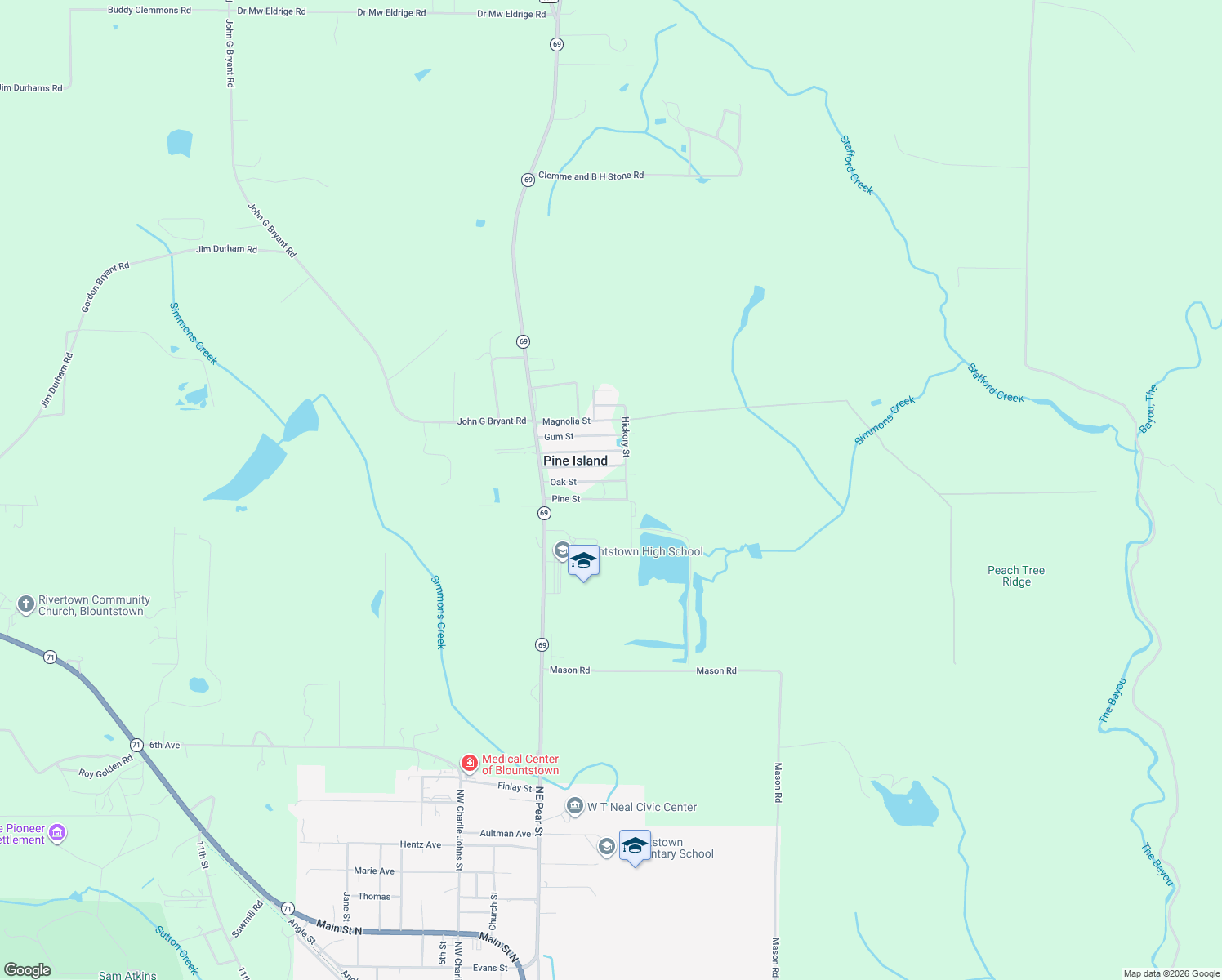 map of restaurants, bars, coffee shops, grocery stores, and more near 20899 Oak Street in Blountstown
