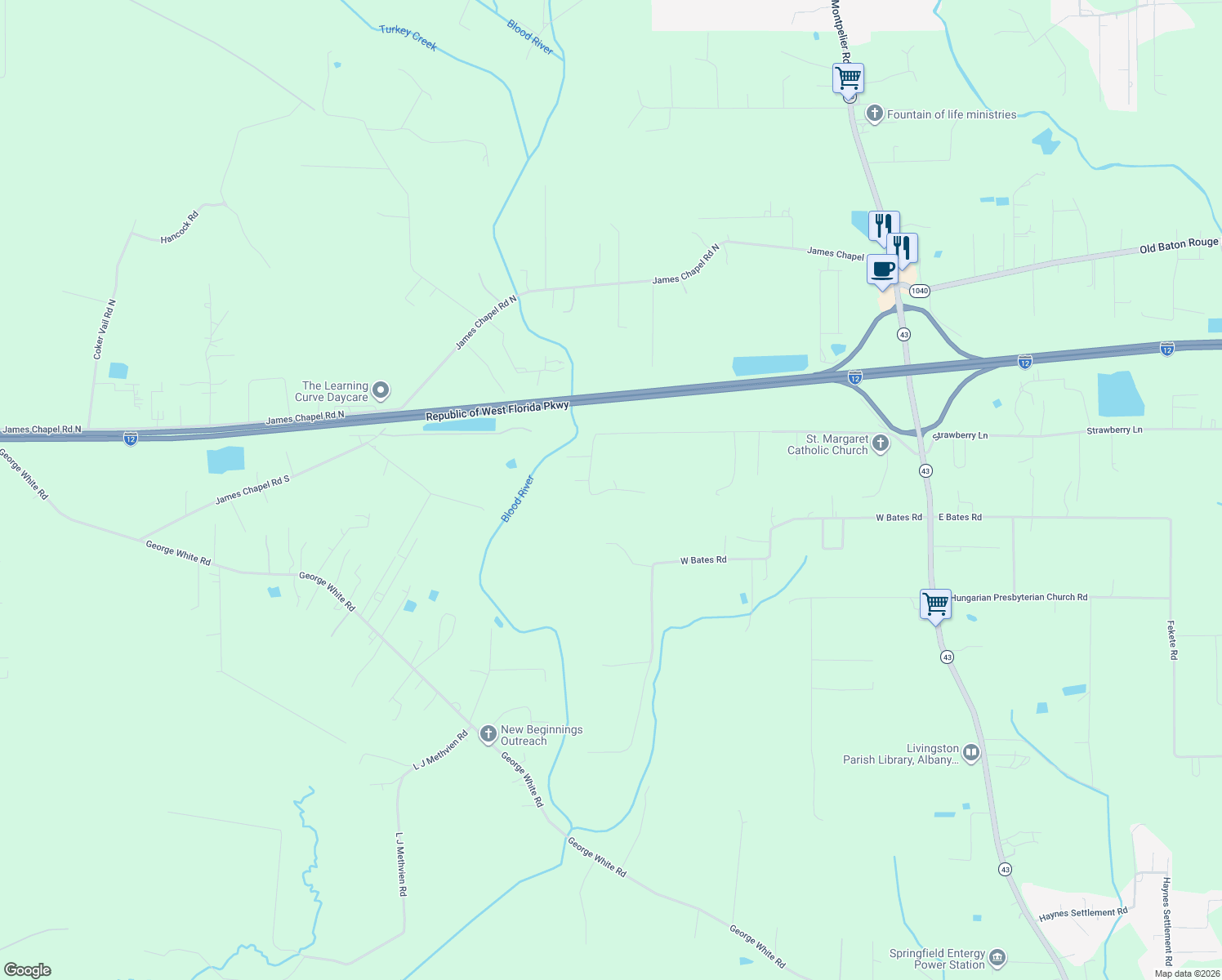 map of restaurants, bars, coffee shops, grocery stores, and more near 29839 Catholic Hall Road in Hammond