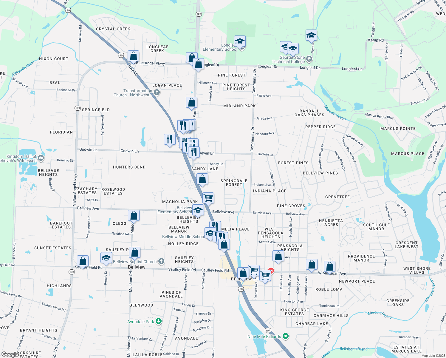 map of restaurants, bars, coffee shops, grocery stores, and more near 1067 Simpson Street in Pensacola
