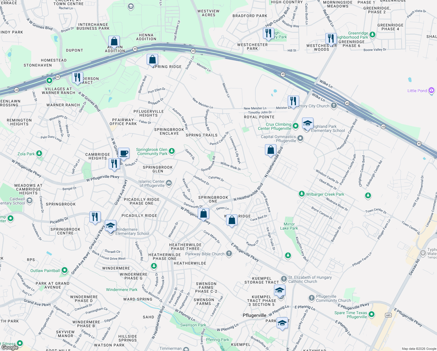 map of restaurants, bars, coffee shops, grocery stores, and more near 600 Catumet Dr in Pflugerville