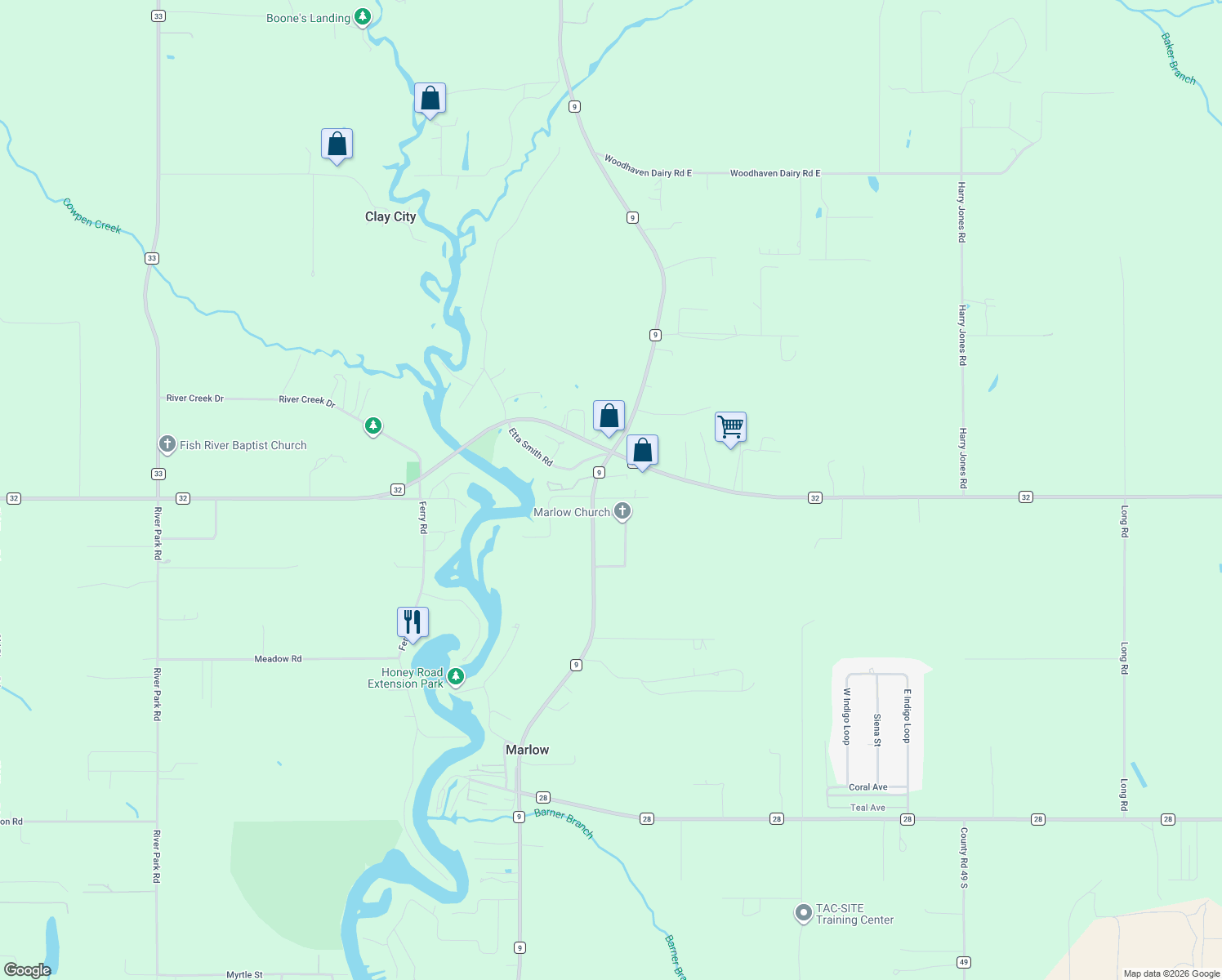 map of restaurants, bars, coffee shops, grocery stores, and more near 13397 Old County Road 32 in Summerdale