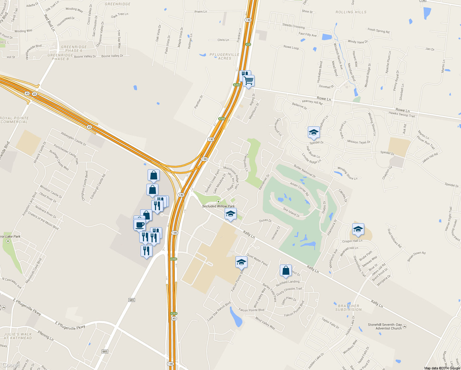 map of restaurants, bars, coffee shops, grocery stores, and more near 19412 Stage Line Trail in Pflugerville
