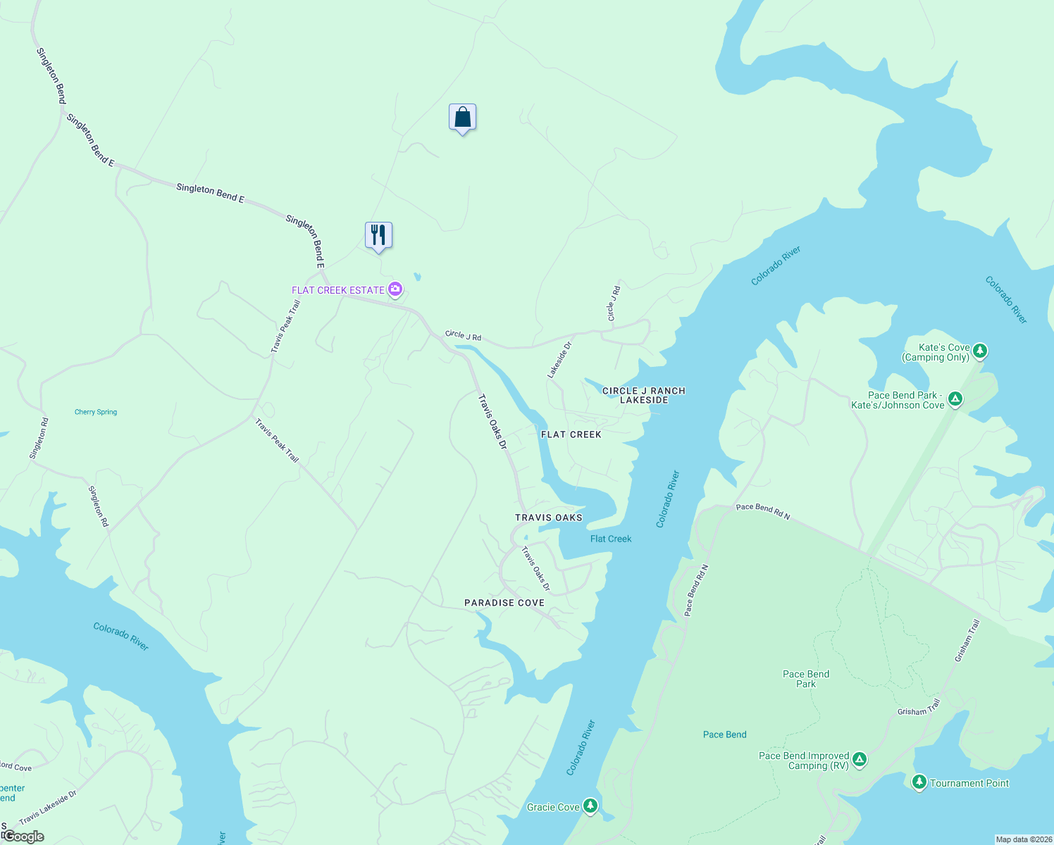 map of restaurants, bars, coffee shops, grocery stores, and more near 24005 Bluebird Lane in Marble Falls