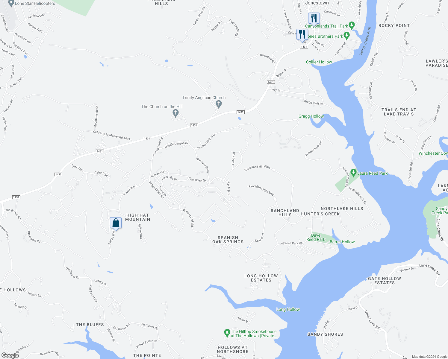 map of restaurants, bars, coffee shops, grocery stores, and more near Tip Top Dr & Grandview Dr in Jonestown
