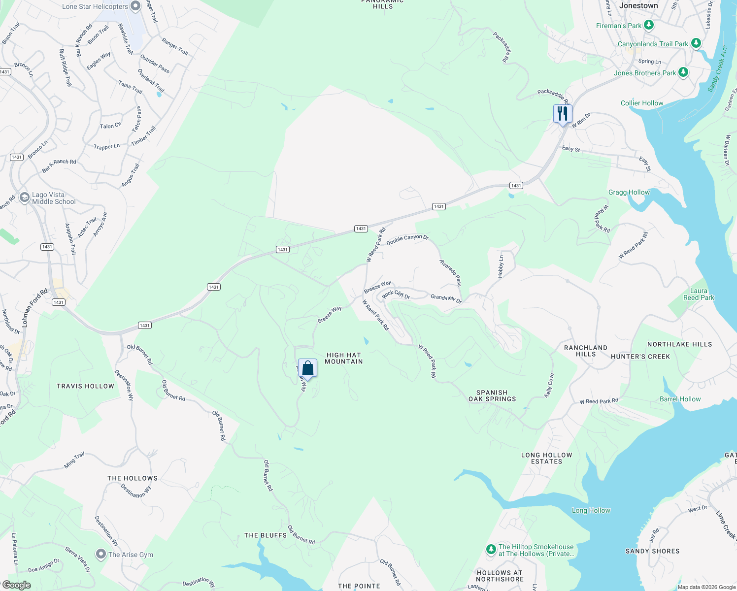 map of restaurants, bars, coffee shops, grocery stores, and more near 8409 Breeze Way in Jonestown