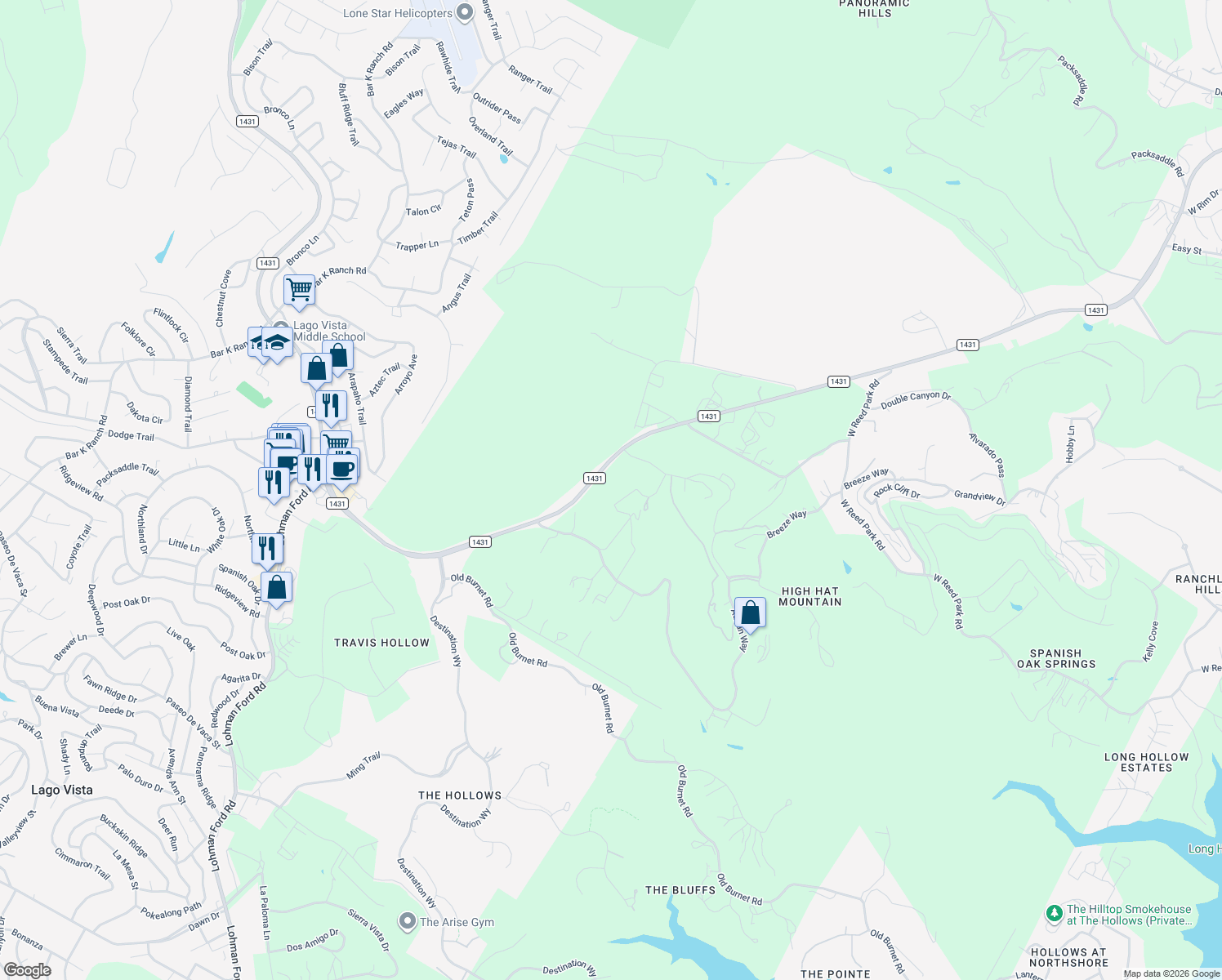 map of restaurants, bars, coffee shops, grocery stores, and more near 19705 Tyler Trail in Leander