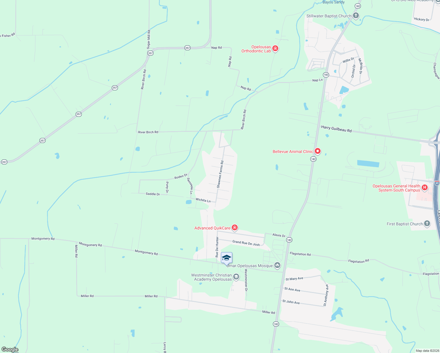 map of restaurants, bars, coffee shops, grocery stores, and more near Shawnee Farms Road in Opelousas