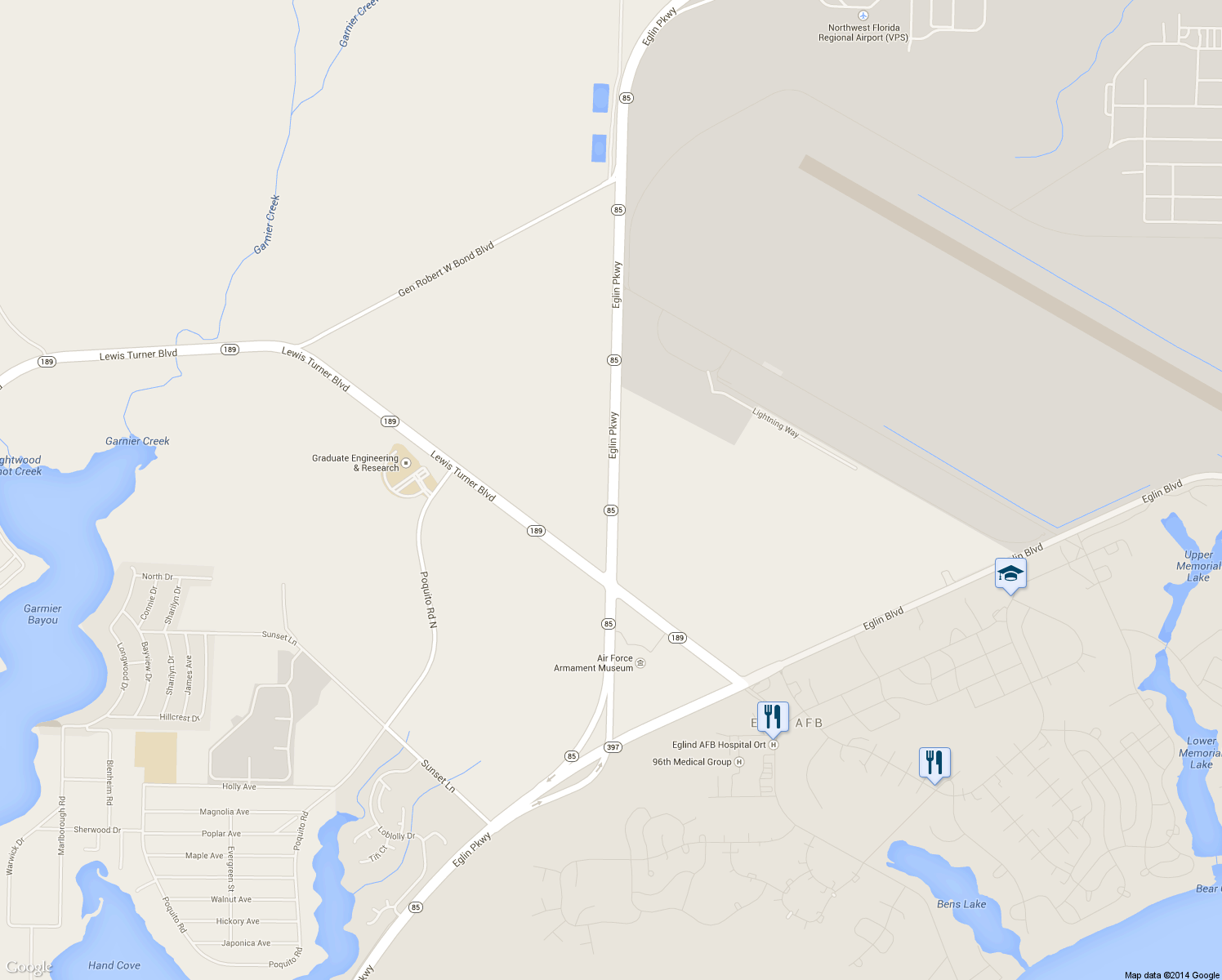 map of restaurants, bars, coffee shops, grocery stores, and more near Eglin Parkway in Eglin AFB