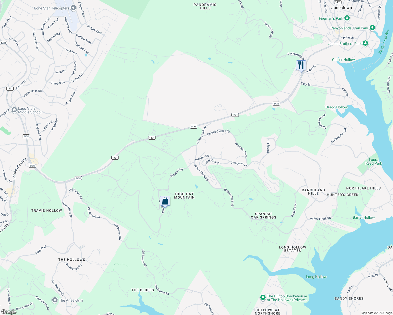map of restaurants, bars, coffee shops, grocery stores, and more near 8409 Breeze Way in Jonestown