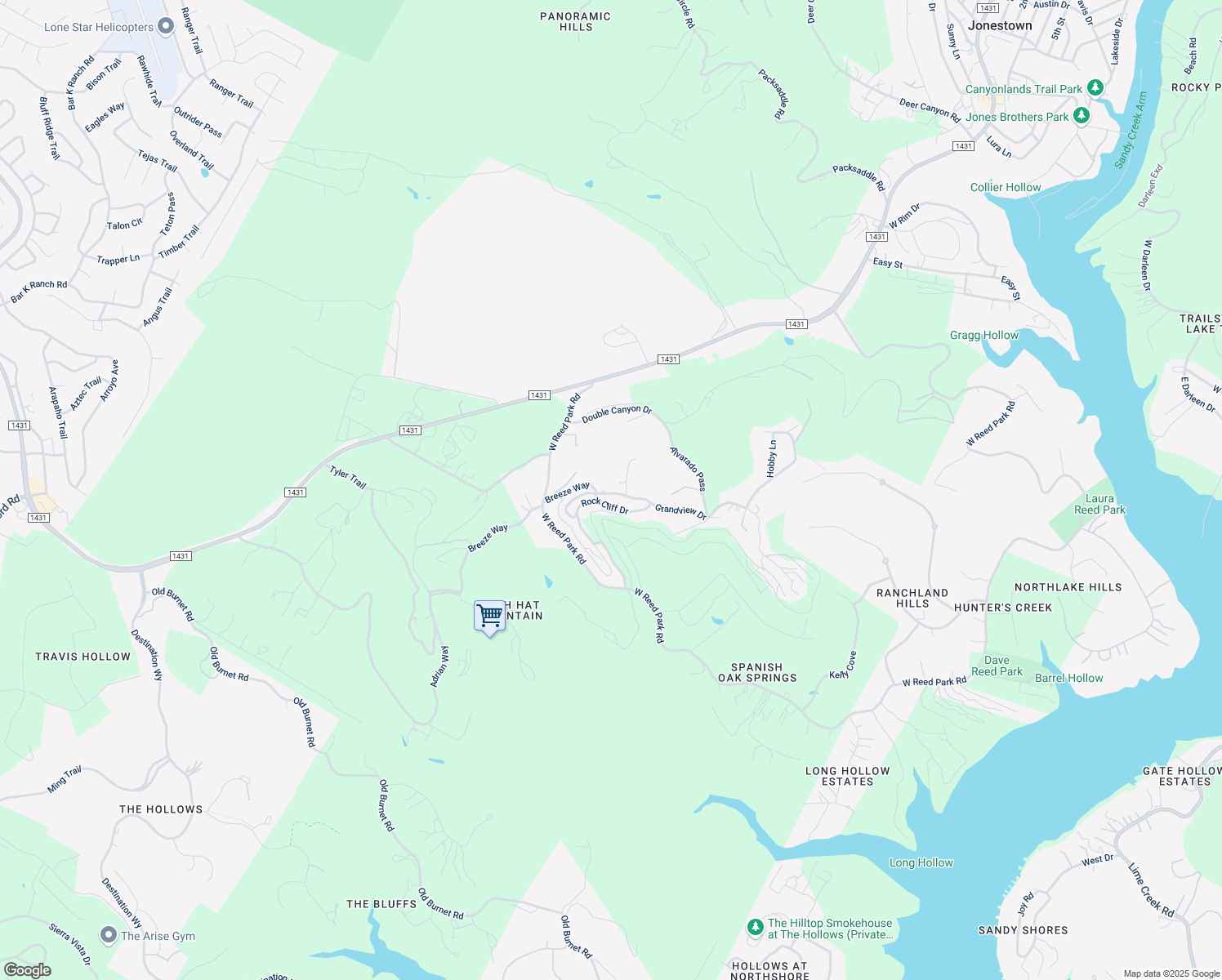 map of restaurants, bars, coffee shops, grocery stores, and more near 8508 Grandview Drive in Jonestown