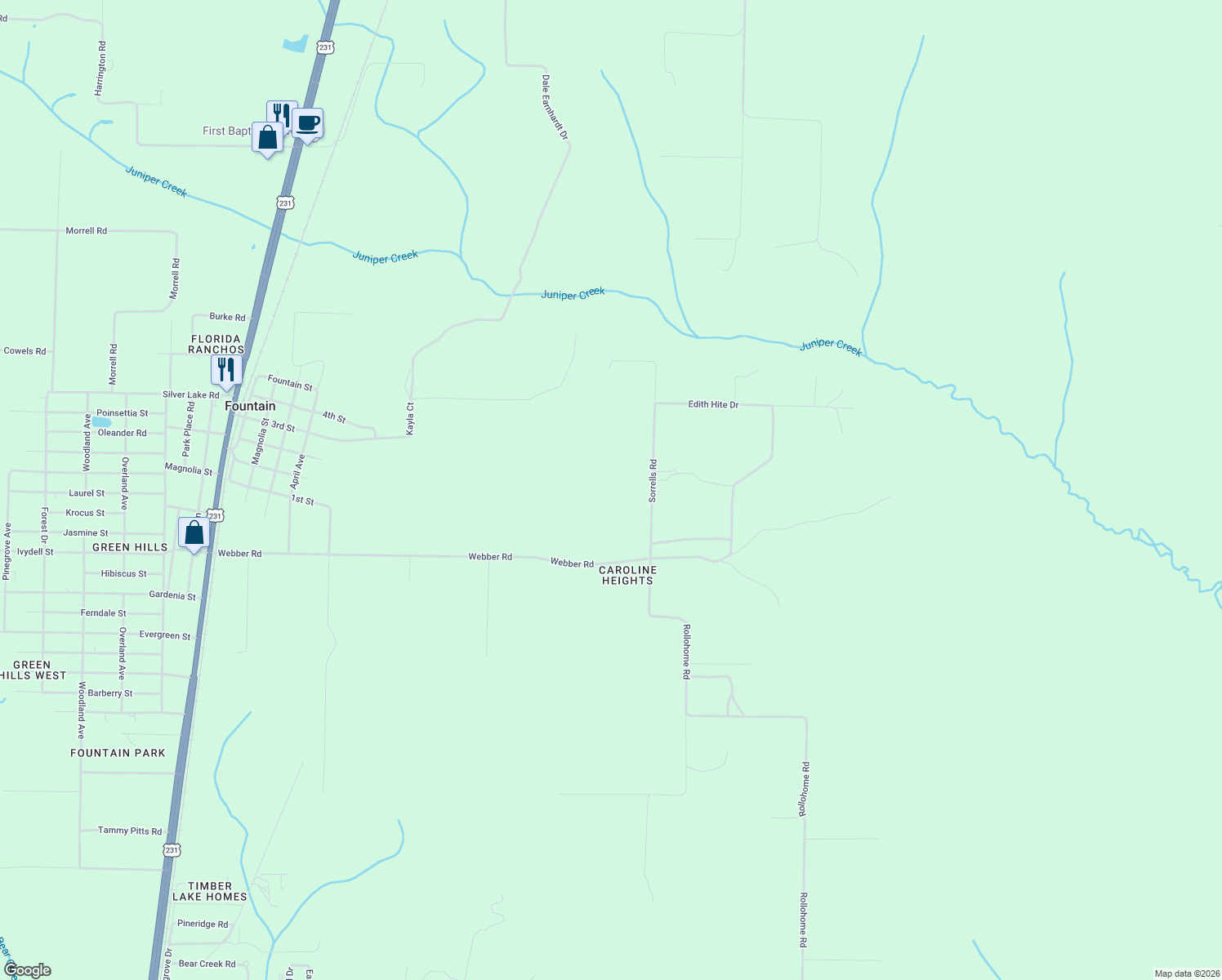map of restaurants, bars, coffee shops, grocery stores, and more near 18223 Sorrells Road in Fountain