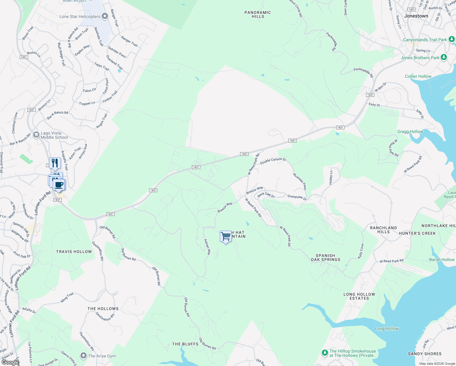 map of restaurants, bars, coffee shops, grocery stores, and more near 19156 West Reed Park Road in Jonestown