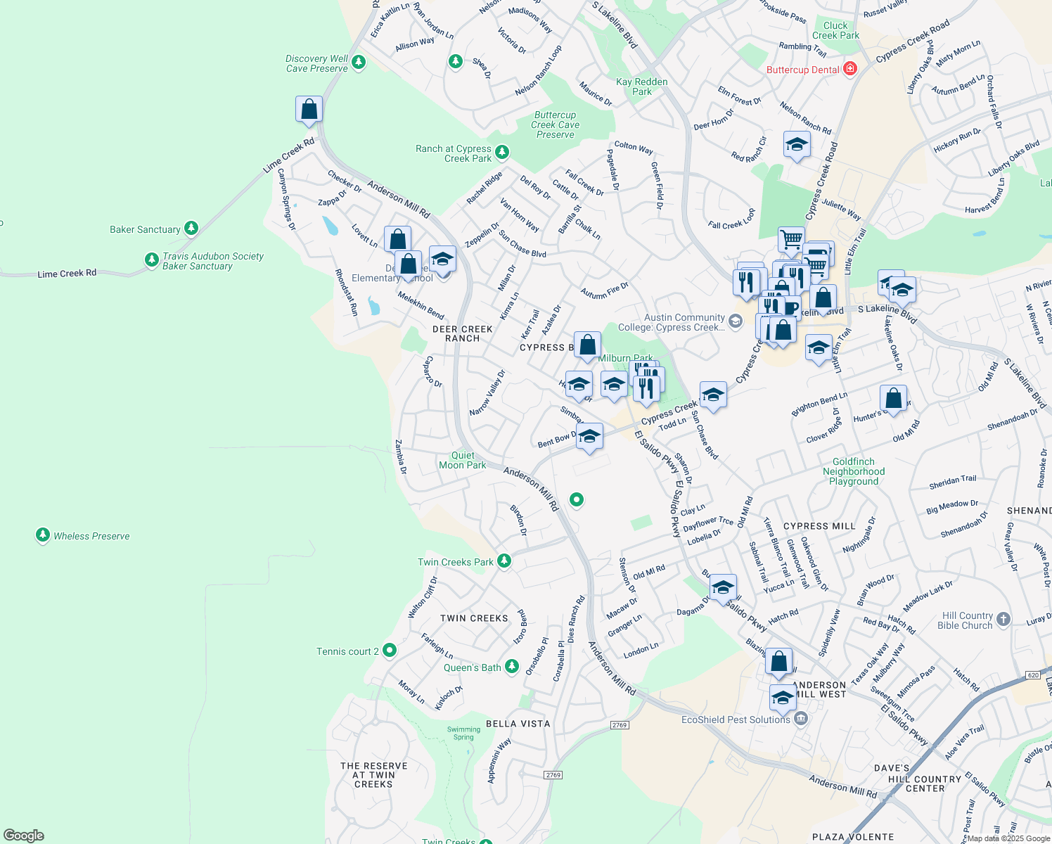 map of restaurants, bars, coffee shops, grocery stores, and more near 2400 Drifting Leaf Drive in Cedar Park