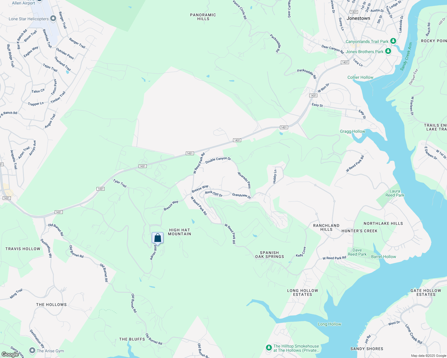 map of restaurants, bars, coffee shops, grocery stores, and more near 8508 Grandview Drive in Jonestown
