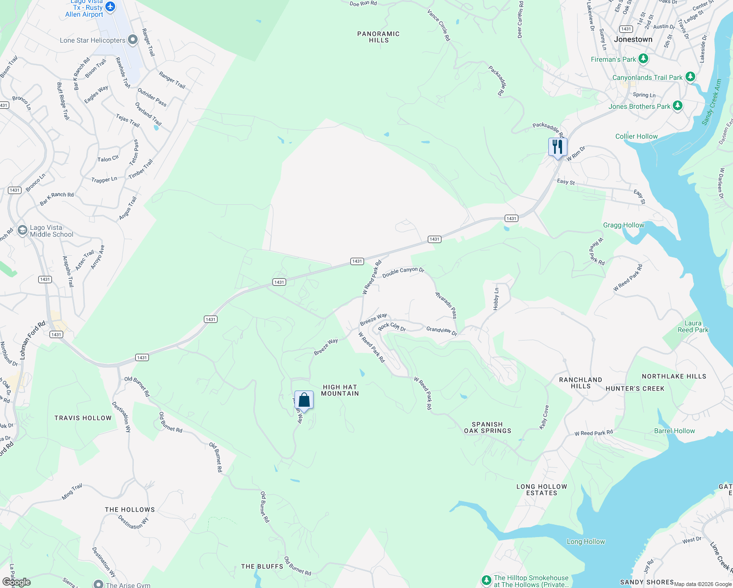 map of restaurants, bars, coffee shops, grocery stores, and more near 19156 West Reed Park Road in Jonestown