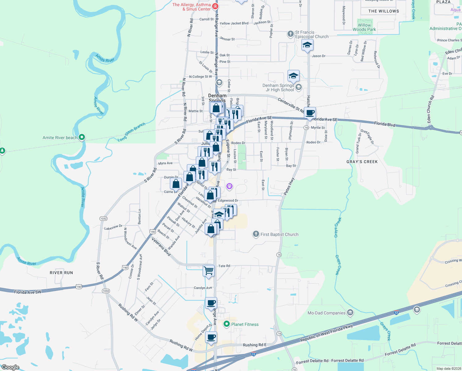 map of restaurants, bars, coffee shops, grocery stores, and more near 640 South Range Avenue in Denham Springs