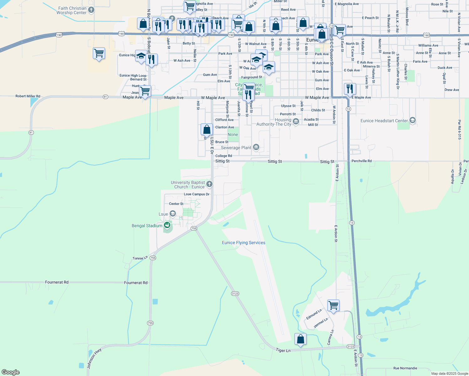 map of restaurants, bars, coffee shops, grocery stores, and more near 114 University Pl in Eunice