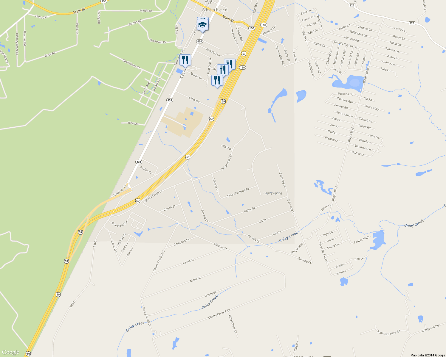 map of restaurants, bars, coffee shops, grocery stores, and more near 431 Ridgewood Dr in Shepherd