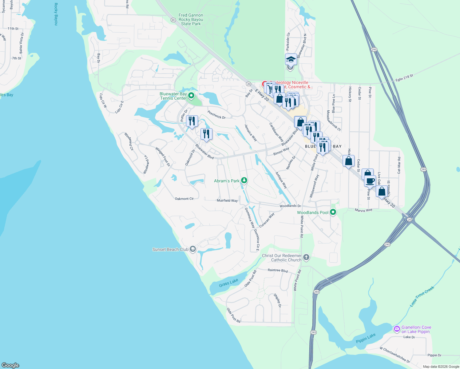 map of restaurants, bars, coffee shops, grocery stores, and more near 1053 Troon Drive East in Niceville