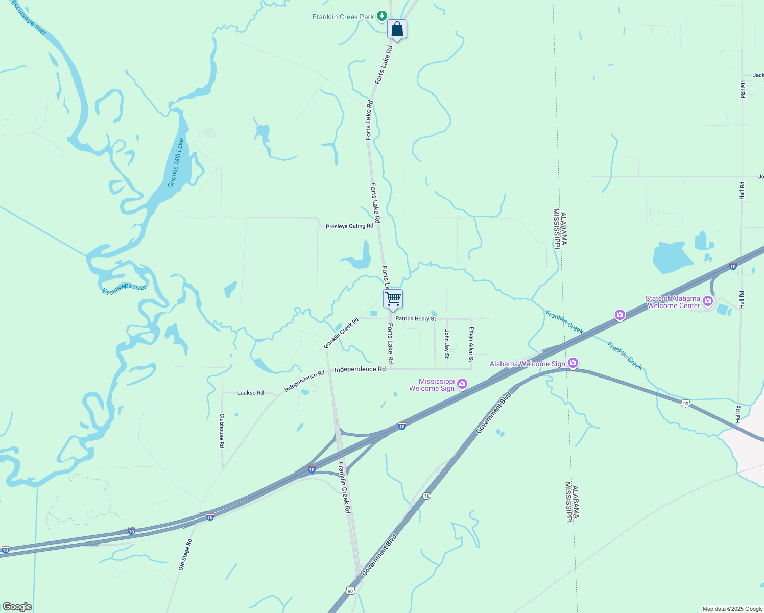 map of restaurants, bars, coffee shops, grocery stores, and more near 9317 Forts Lake Road in Moss Point