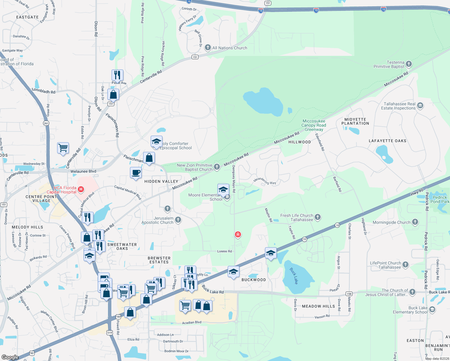 map of restaurants, bars, coffee shops, grocery stores, and more near 3978 Meandering Lane in Tallahassee
