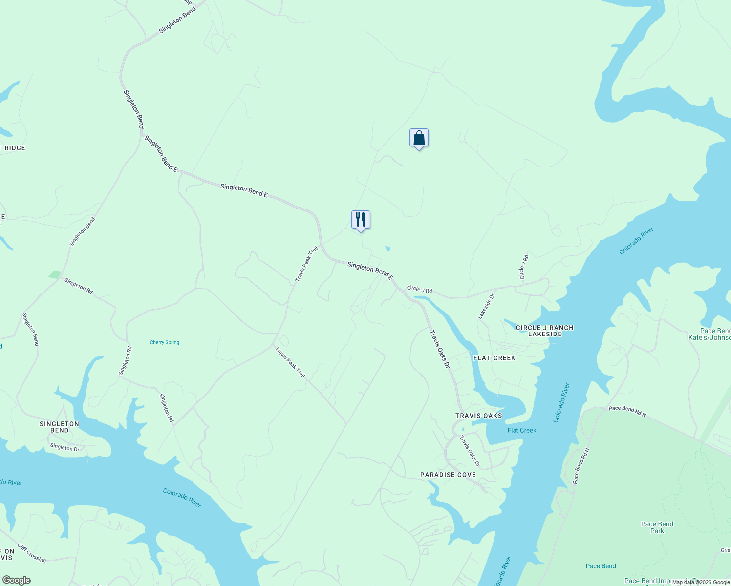map of restaurants, bars, coffee shops, grocery stores, and more near 24601 Singleton Bend East in Marble Falls