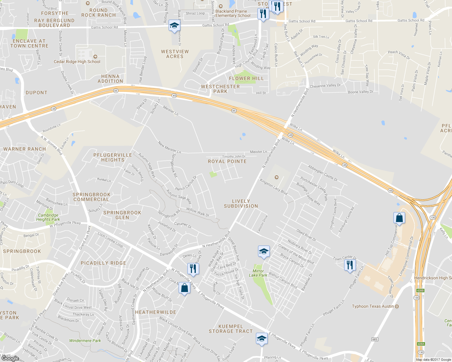map of restaurants, bars, coffee shops, grocery stores, and more near 513 Valjean Dr in Pflugerville