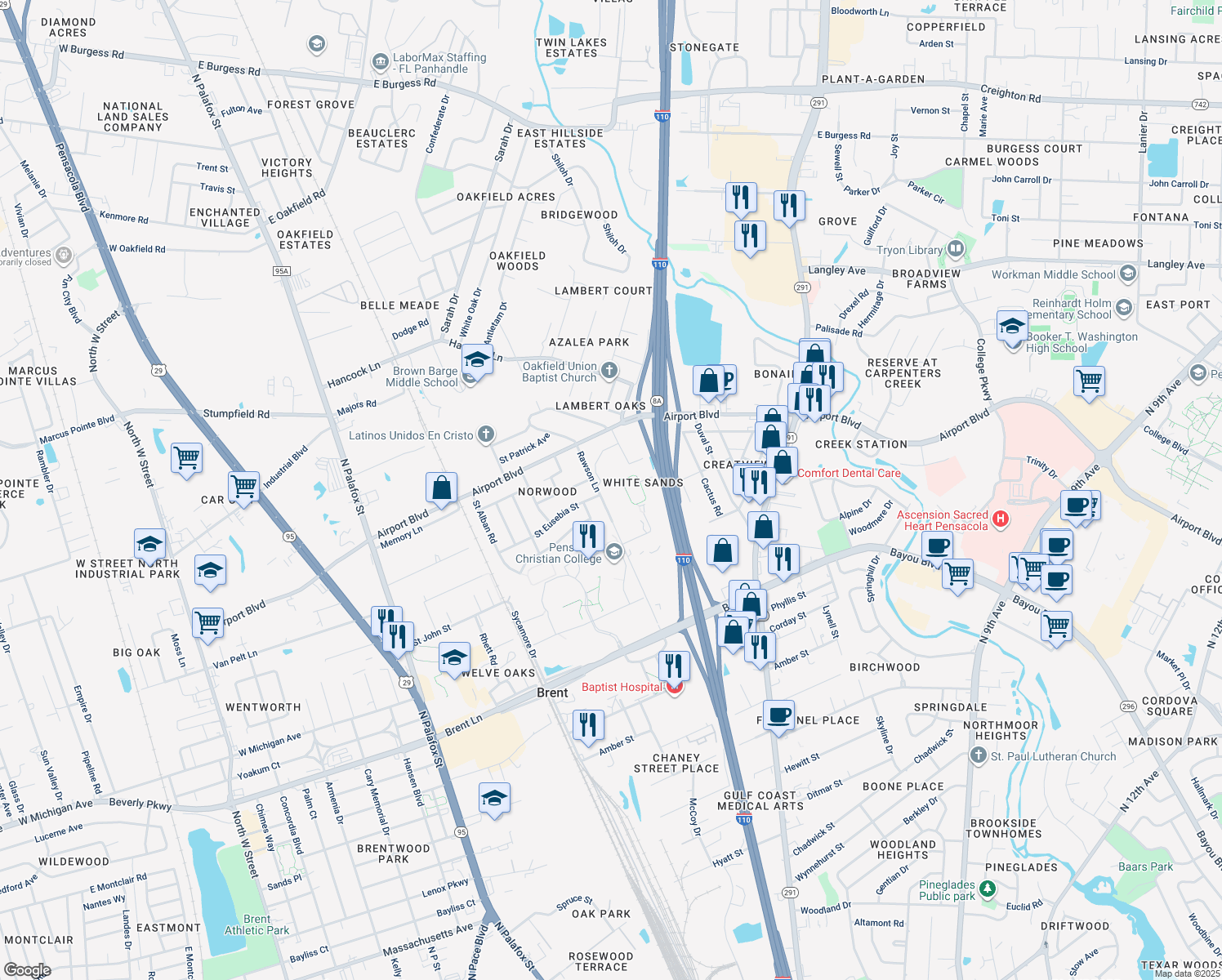 map of restaurants, bars, coffee shops, grocery stores, and more near 5500 Rawson Lane in Pensacola