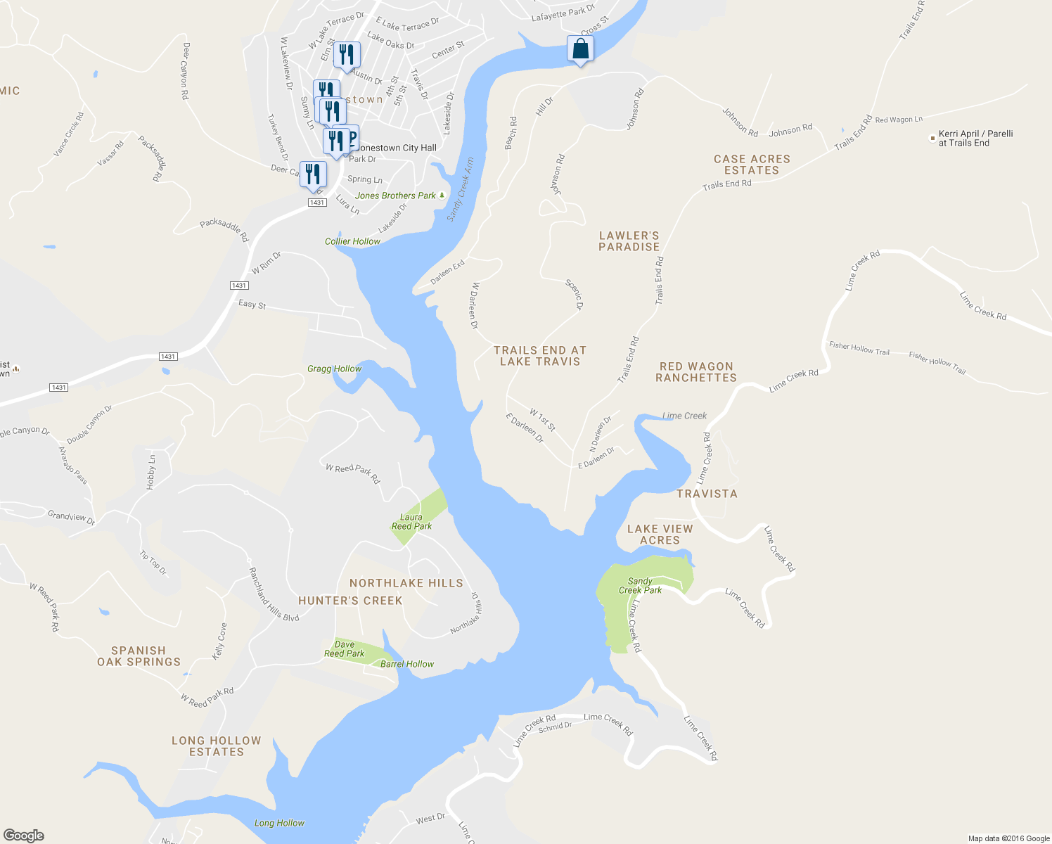 map of restaurants, bars, coffee shops, grocery stores, and more near 17404 E Darleen Dr in Leander