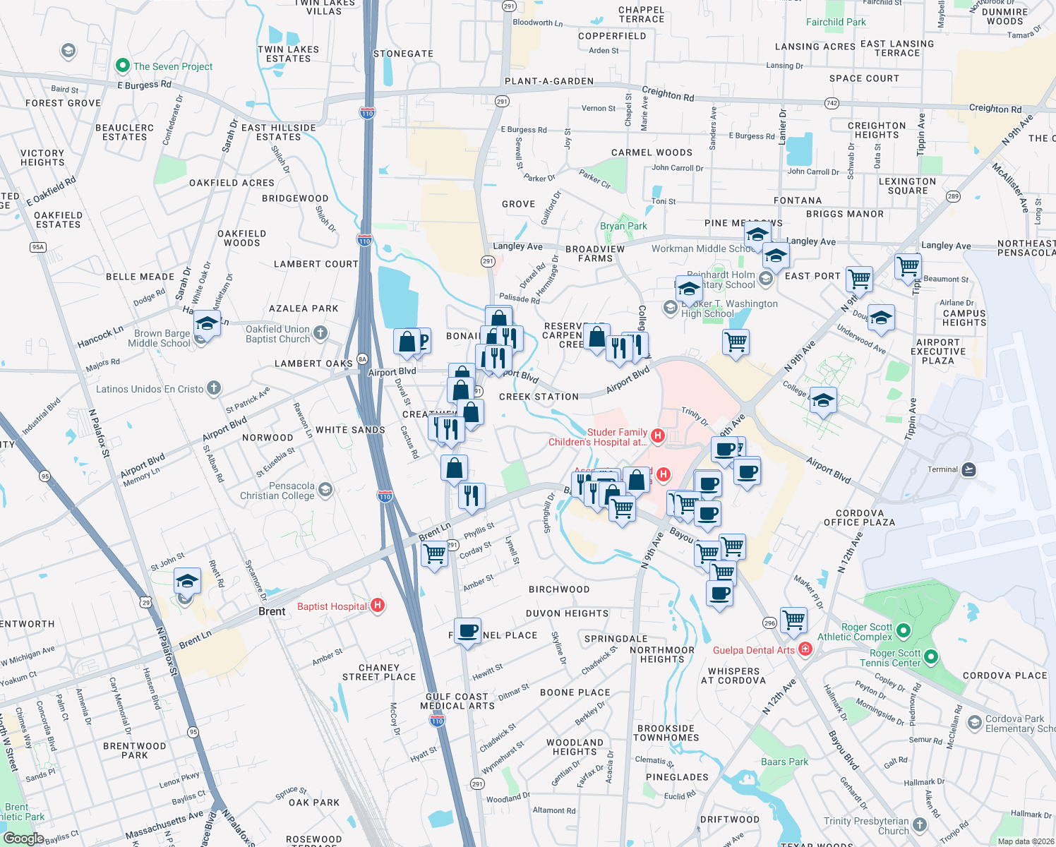 map of restaurants, bars, coffee shops, grocery stores, and more near 712 Valley Dr in Pensacola