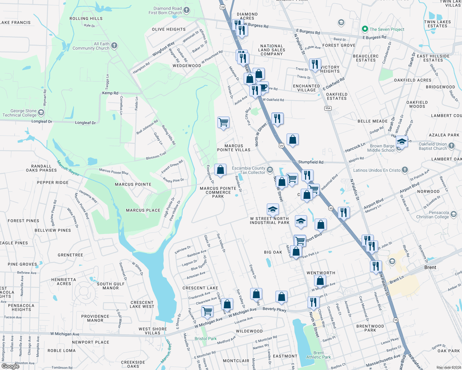map of restaurants, bars, coffee shops, grocery stores, and more near 906 Francliff Drive in Pensacola