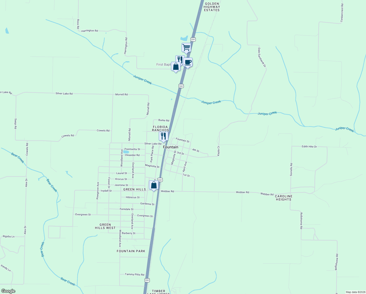 map of restaurants, bars, coffee shops, grocery stores, and more near Olivia St in Fountain