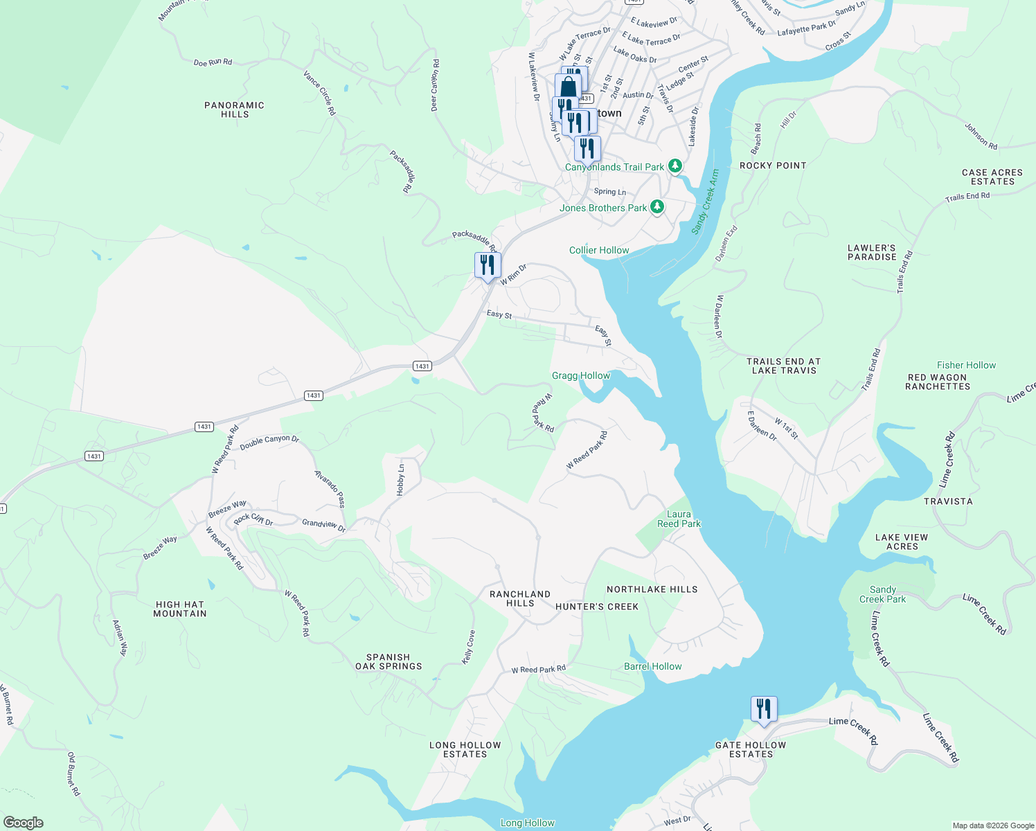 map of restaurants, bars, coffee shops, grocery stores, and more near 17254 West Reed Park Road in Jonestown