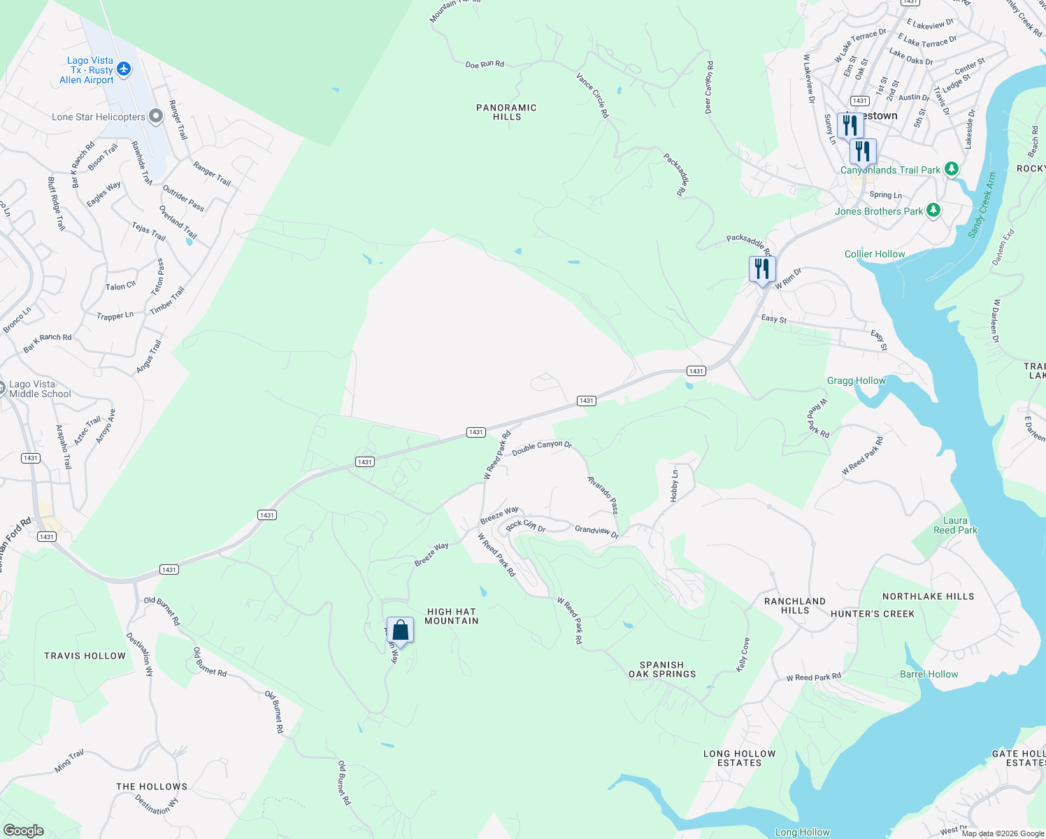 map of restaurants, bars, coffee shops, grocery stores, and more near 19198 Farm to Market 1431 in Jonestown