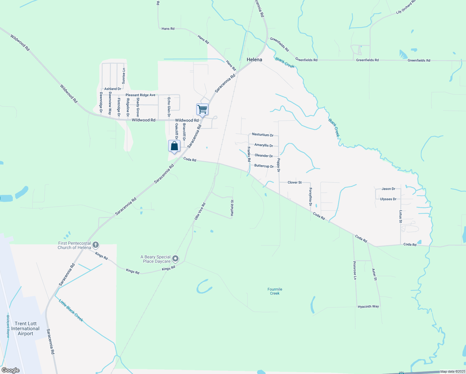 map of restaurants, bars, coffee shops, grocery stores, and more near 6605 Hatfield Street in Moss Point
