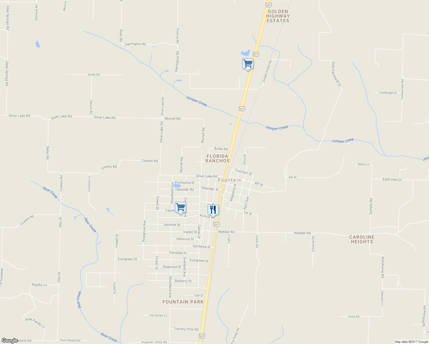 map of restaurants, bars, coffee shops, grocery stores, and more near 12539 Silver Lake Road in Fountain