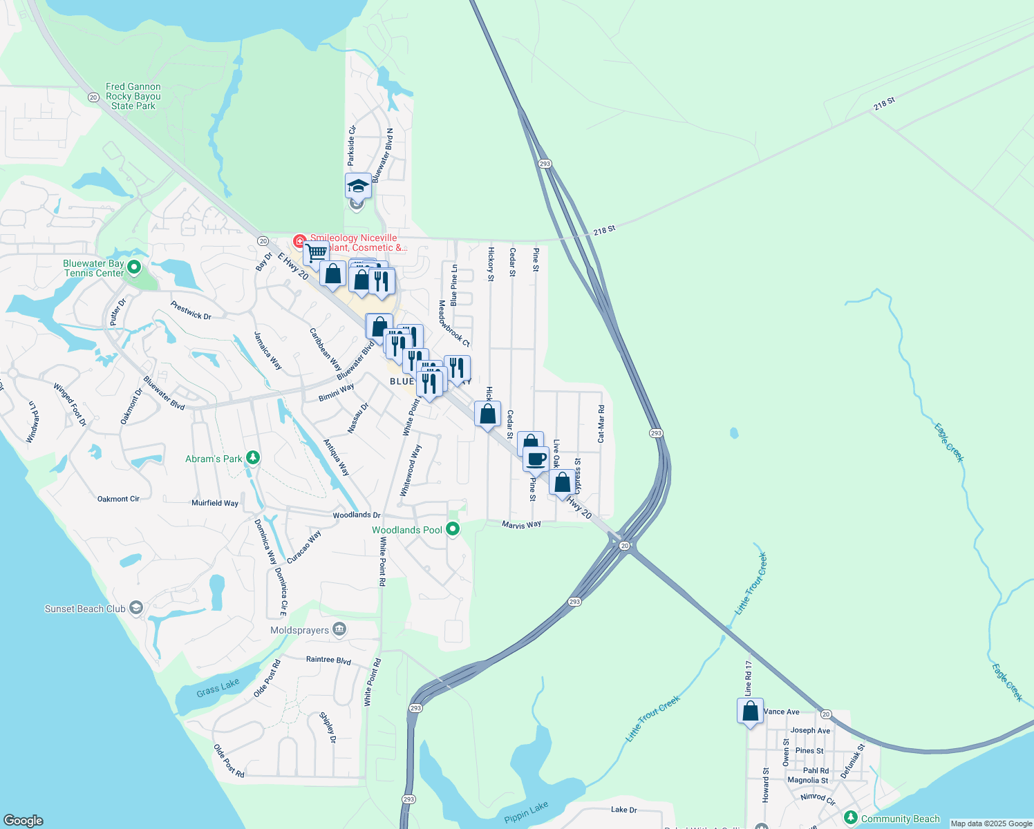 map of restaurants, bars, coffee shops, grocery stores, and more near 1477 Cedar Street in Niceville