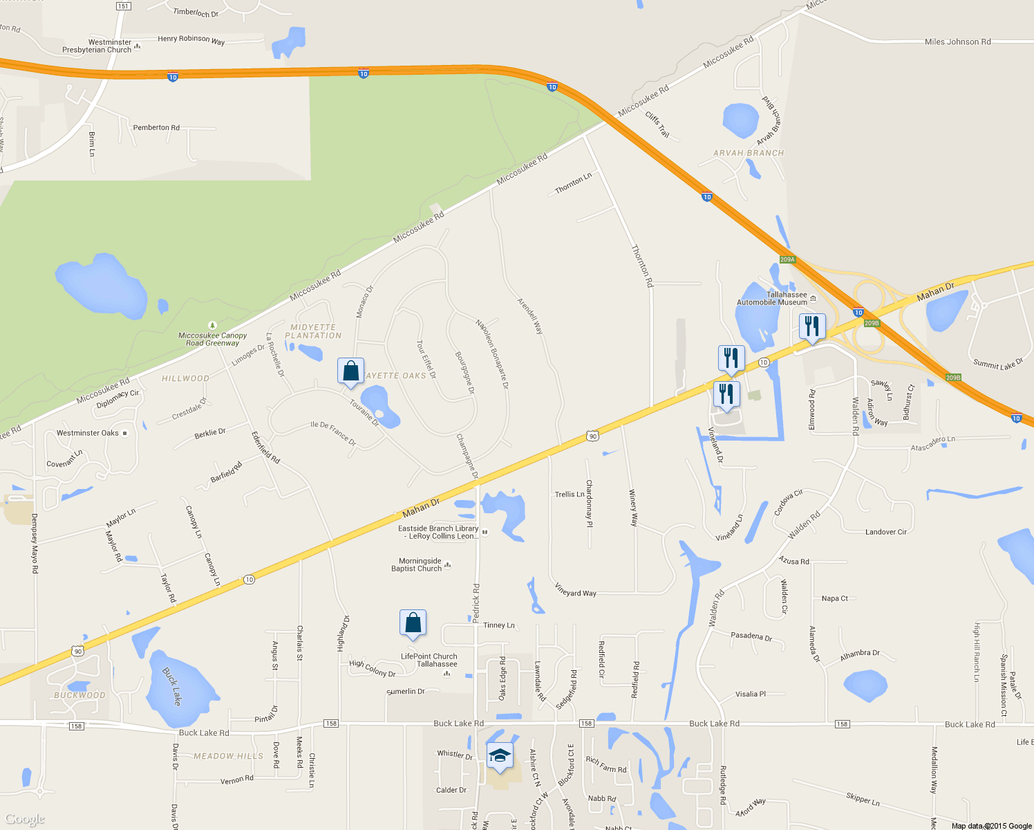 map of restaurants, bars, coffee shops, grocery stores, and more near 2213 Napoleon Bonaparte Drive in Tallahassee