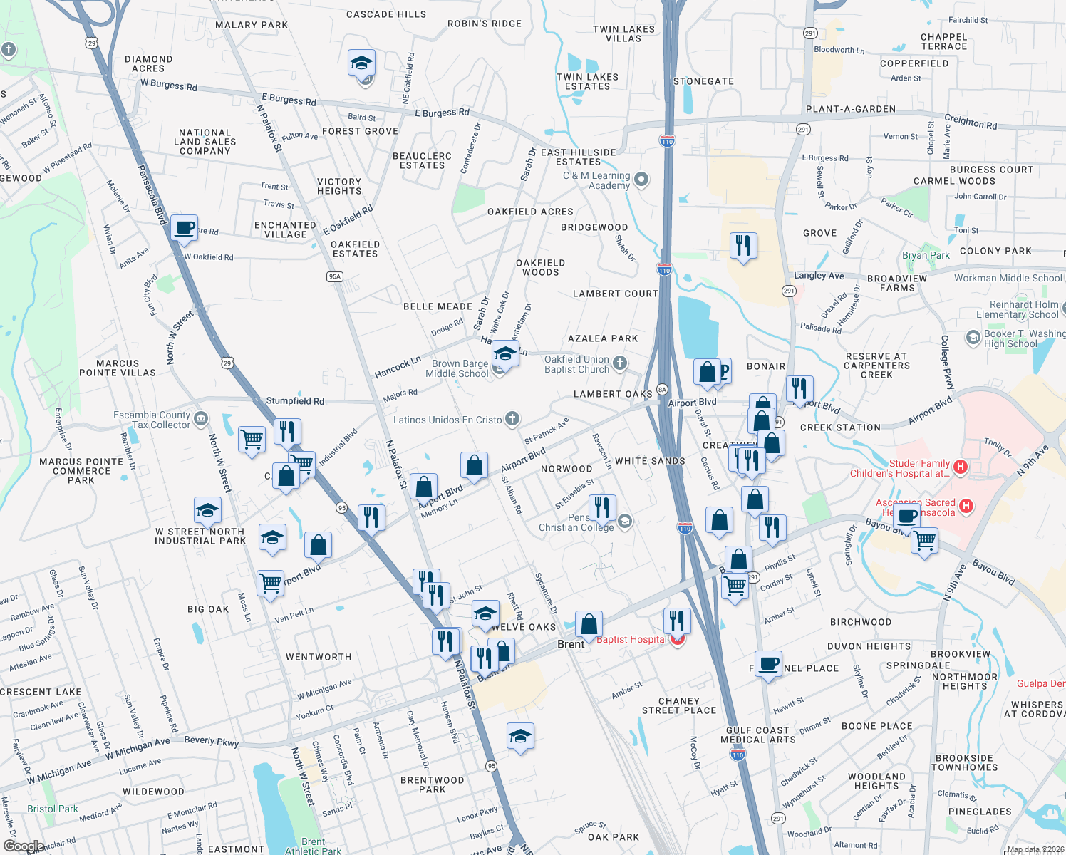 map of restaurants, bars, coffee shops, grocery stores, and more near 269 Saint Augustine Avenue in Pensacola