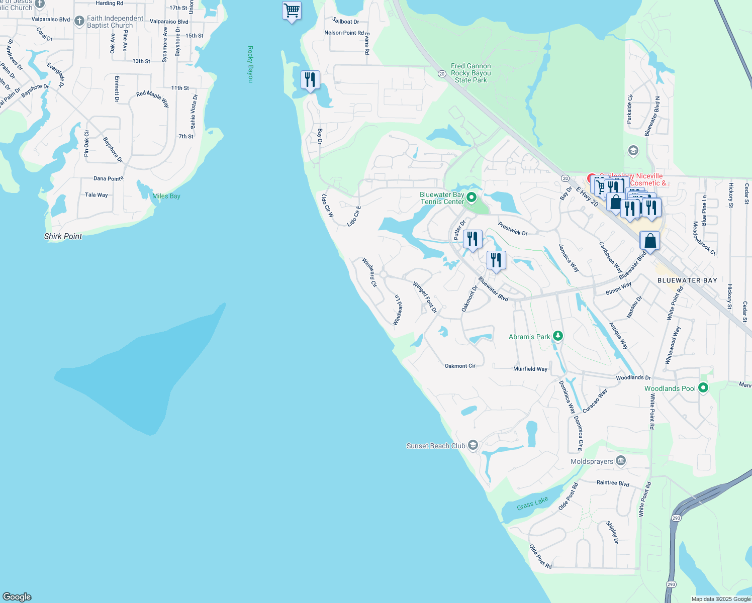 map of restaurants, bars, coffee shops, grocery stores, and more near 1348 Windward Circle in Niceville